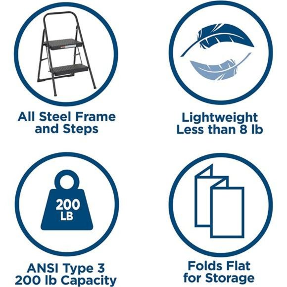 Two-Step Household Folding Step Stool, All Black, 7ft 11in Reach Height - Picture 7 of 7